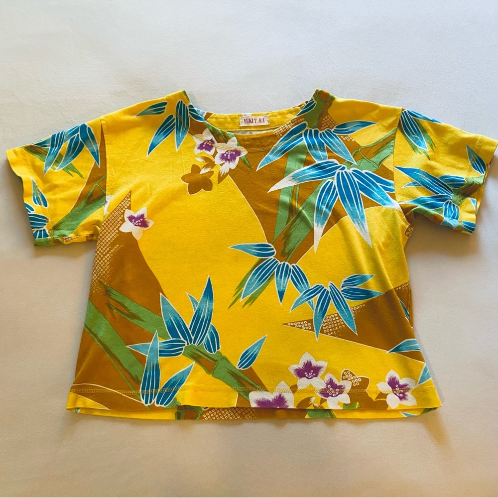 vintage 90s yuki torii bright yellow + blue bamboo + cherry blossom boxy tee / m